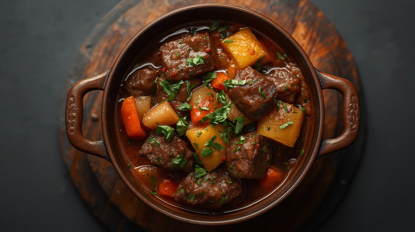 Hearty campfire beef stew served in a rustic cast-iron bowl with carrots, potatoes, and herbs on a wooden table