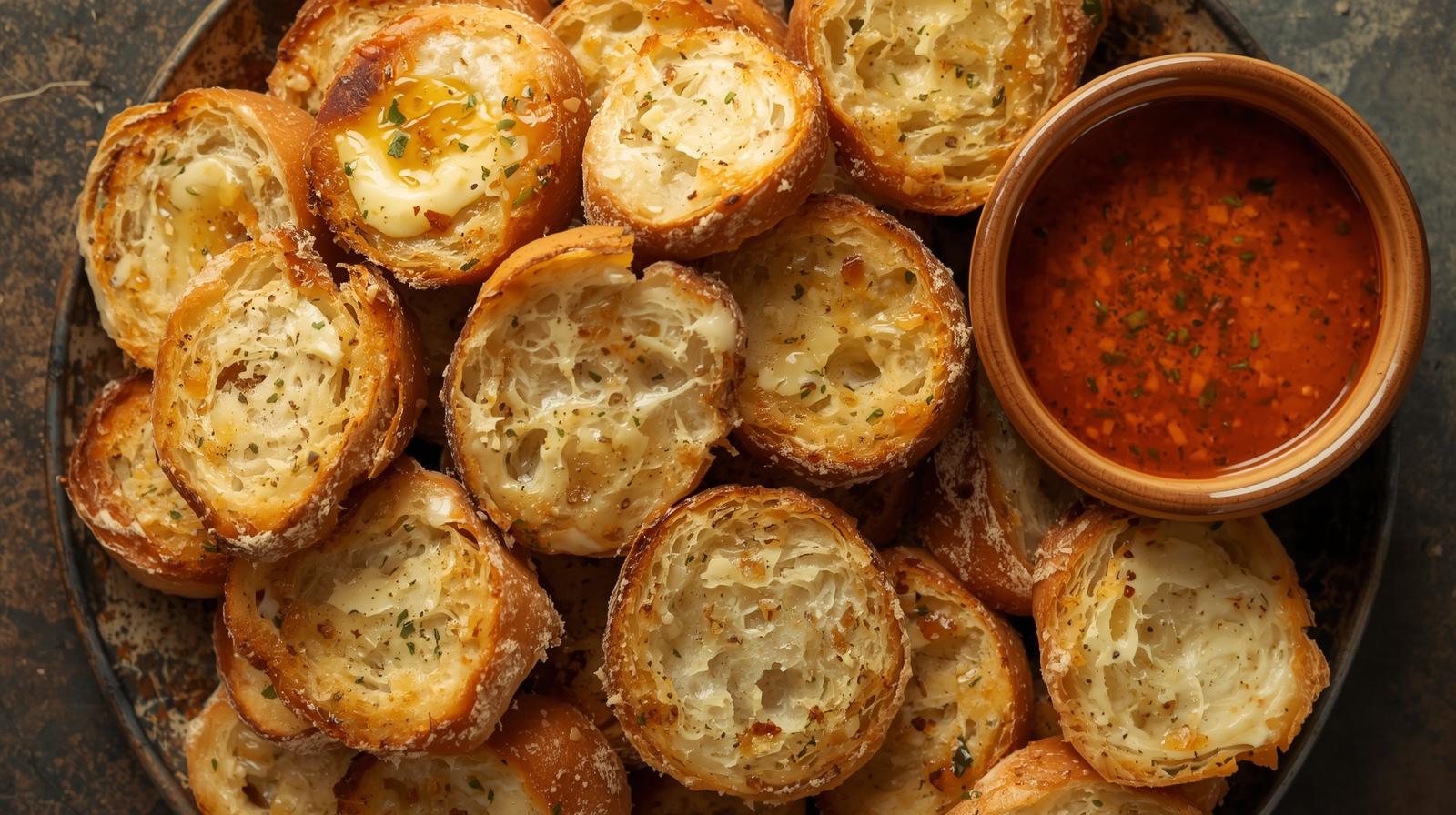 Stack of golden garlic toast slices brushed with herb butter and served on a rustic wooden board