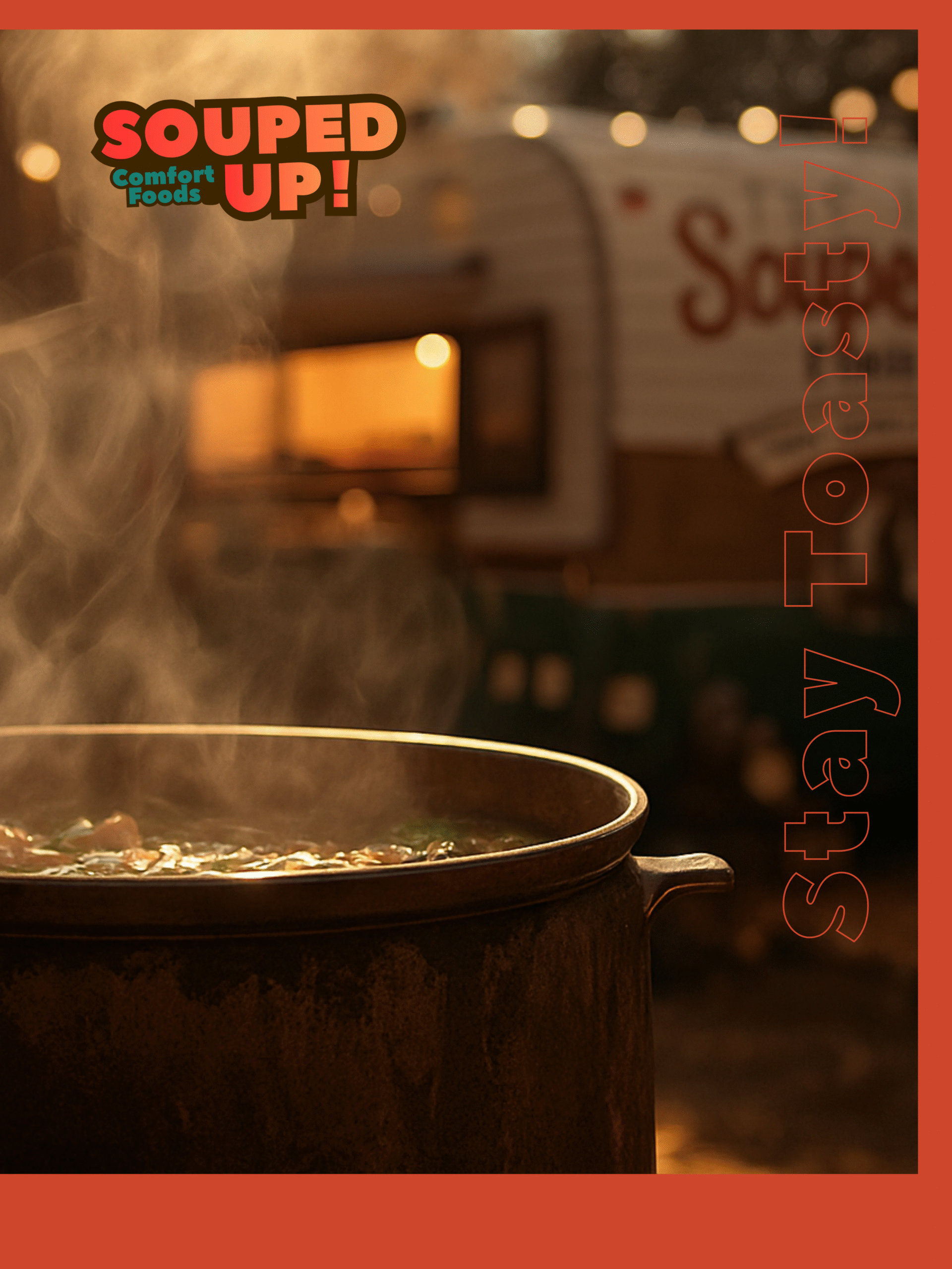 Steaming pot of soup in front of the Souped Up food truck at sunset with string lights and a cozy fall atmosphere