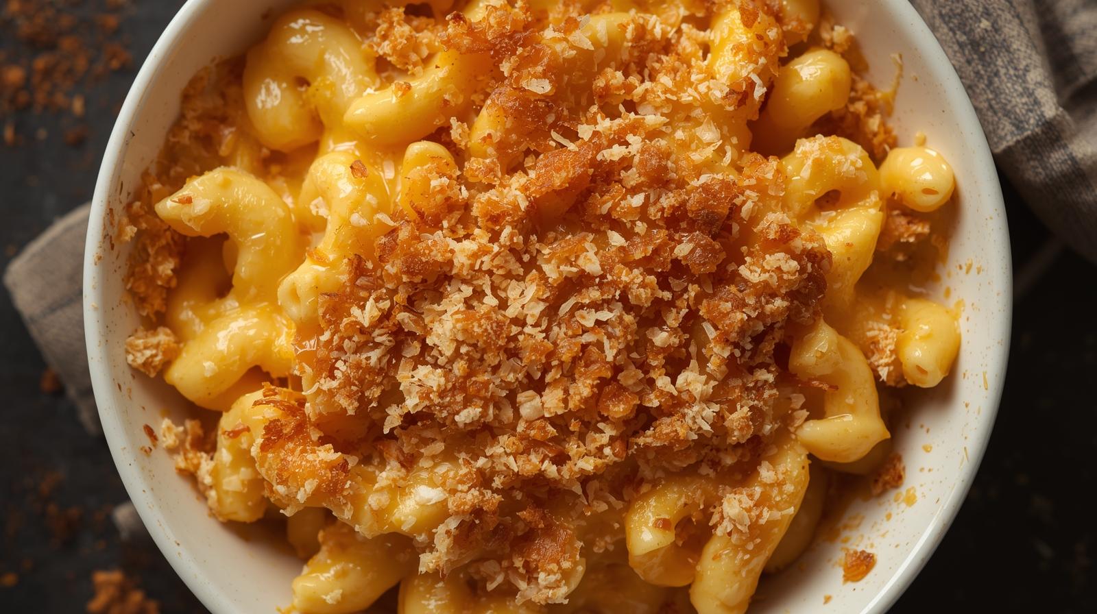 Golden baked mac and cheese with bubbling crust and gooey melted cheese