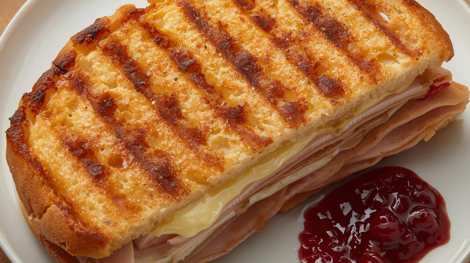 Sliced turkey and brie panini with cranberry chutney, grill marks, and melted cheese on toasted artisan bread