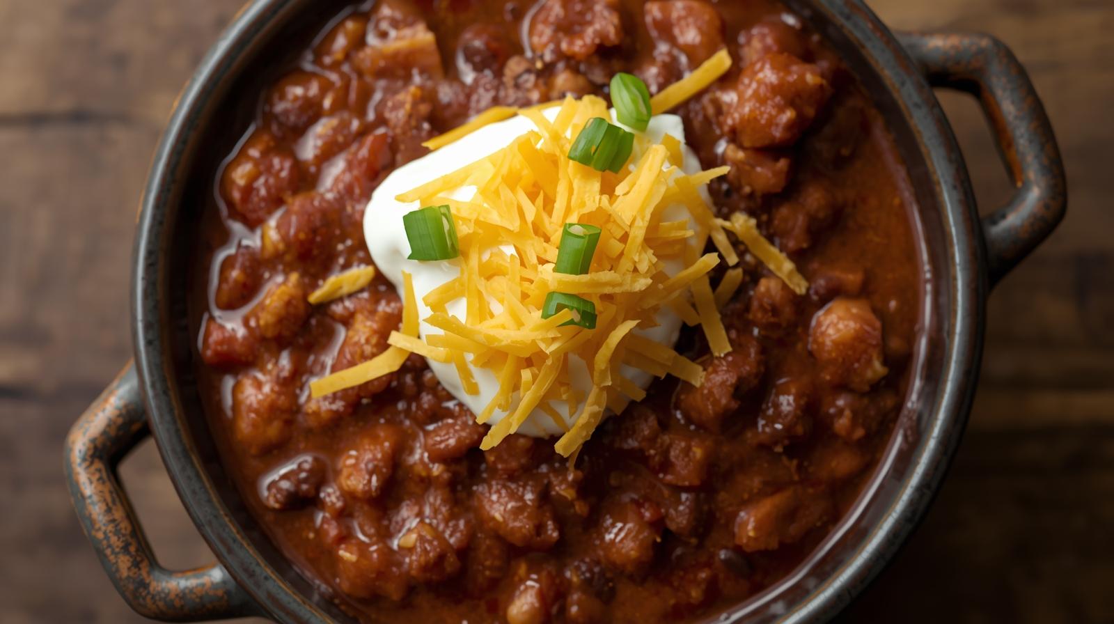 Hearty chili topped with shredded cheese, sour cream, and green onions in a rustic bowl