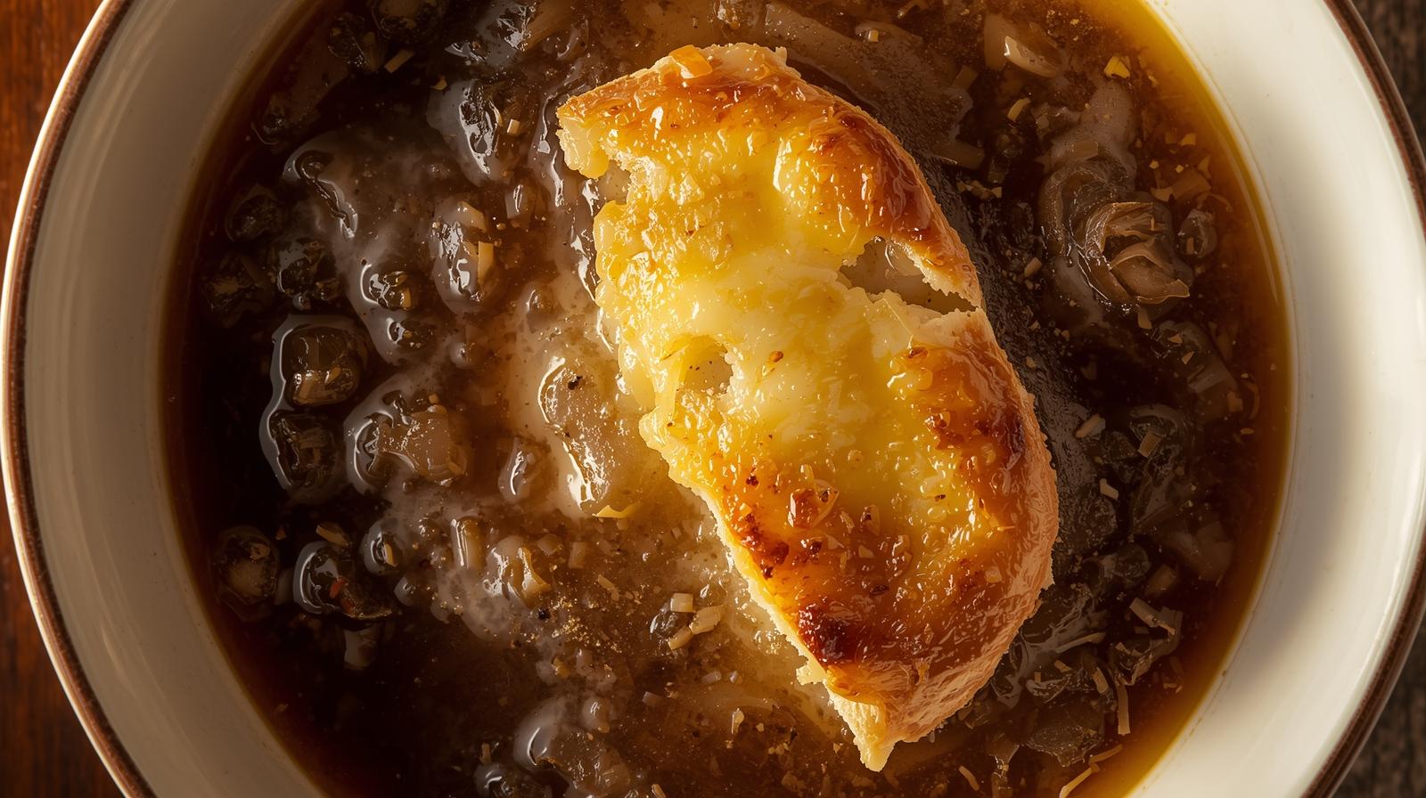 Classic French onion soup topped with melted cheese and toasted baguette in a rustic crock