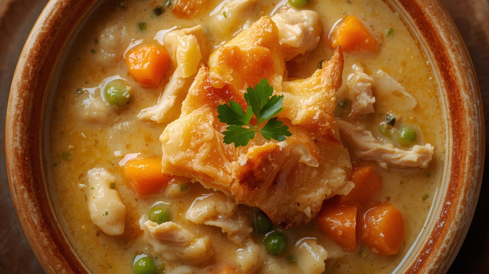Creamy chicken pot pie soup with carrots, peas, and flaky pastry crumbles on top