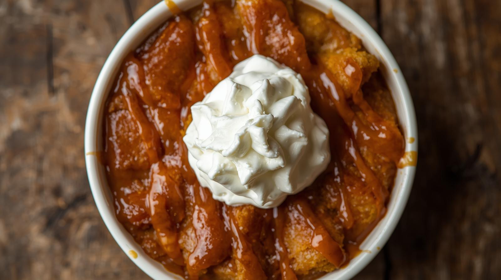 Pumpkin spice bread pudding with caramel drizzle and whipped cream